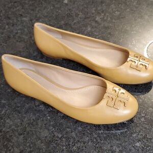 Tory Burch Mustard Tan Flats with Signature Emblem